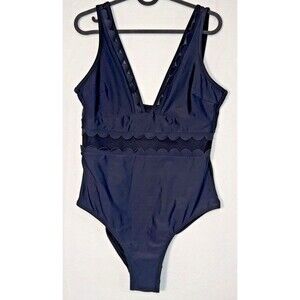 Cupshe Women's One Piece Black Swimsuit Size L See-through Mesh Scalloped Detail